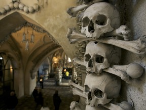 The below-ground chapel on the townÕs outskirts is decorated with thousands of human bones, exhumed, according to legend, by a half-blind medieval monk who collected the skeletons of 40,000 Black Plague victims.