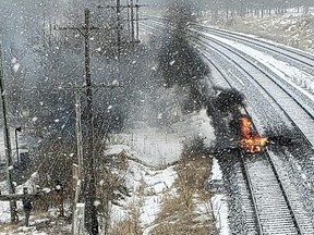 Tires burn on the CN Rail line running through Tyendinaga Mohawk Territory on Wednesday.