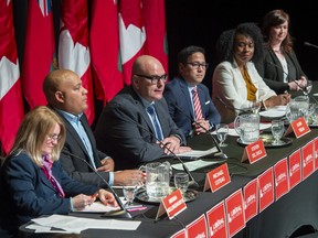Ontario Liberal Party leadership candidates (left to right) Brenda Hollingsworth, Michael Coteau, Steven Del Duca, Alvin Tedjo, Mitzie Hunter and Kate Graham participate in the final debate in Toronto on Monday, February 24, 2020.
