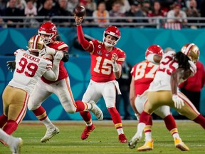 Kansas City Chiefs' Patrick Mahomes in action at the Super Bowl Feb. 2, 2020.