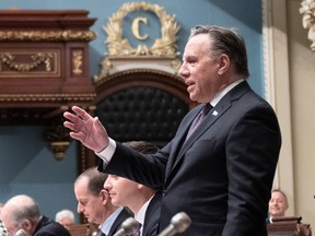 Quebec Premier Francois Legault speaks at the legislature in Quebec City, Feb. 7, 2020.