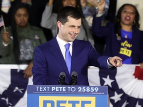 Democratic presidential candidate Pete Buttigieg speaks to supporters at a rally in Des Moines, Iowa, Feb. 3, 2020.