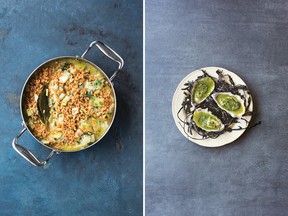 Spelt with leeks, left, and oysters with wild garlic butter