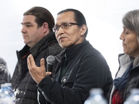 Chief Woos (Frank Alec) speaks during a press conference following a meeting between Wet'suwet'en hereditary chiefs and the Mohawks People's Council on Friday Feb. 21, 2020, in Tyendinaga Mohawk Territory near Belleville, Ont.
