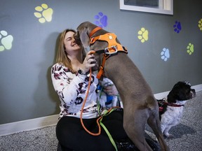 Melissa David, of Parachutes for Pets and her dogs Hudson and Charlie are trying to raise money for a homeless shelter that will allow pets and are seen in Calgary, Alta., Thursday, Feb. 6, 2020.THE CANADIAN PRESS/Jeff McIntosh