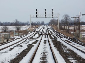 The closed train tracks are seen in Tyendinaga Mohawk Territory, Ont. on Wednesday, Feb. 12, 2020, in support of Wet'suwet'en's blockade of a natural gas pipeline in northern B.C.