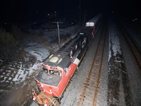 A CN train travels through Tyendinaga, near Belleville, Ont., on Monday Feb. 24, 2020, after police removed the blockade in support of Wet'suwet'en Nation hereditary chiefs attempting to halt construction of a natural gas pipeline on their traditional territories in northern B.C.