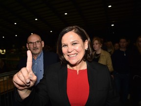 Sinn Fein leader Mary Lou McDonald motions a number one with her finger after being elected at the RDS Count centre on February 9, 2020 in Dublin, Ireland.