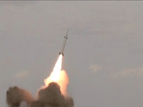 An image grab from footage obtained from the state-run Iran Press news agency on February 9, 2020 shows the launch of the new Raad-500 missile, a short-range ballistic missile by Iran's Islamic Revolutionary Guard Corps (IRGC) that they say can be powered by a "new generation" of engines designed to put satellites into orbit.