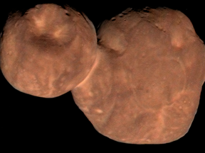 A composite image shows the Kuiper Belt object Arrokoth from NASA New Horizons Spacecraft Data.