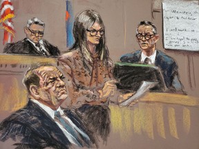 Witness Paul Feldsher is questioned by lawyer Donna Rotunno during film producer Harvey Weinstein's sexual assault trial at New York Criminal Court in the Manhattan borough of New York City, New York, U.S. February 6, 2020 in this courtroom sketch.