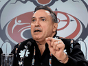 Assembly of First Nations National Chief Perry Bellegarde speaks to reporters in Ottawa, on Feb. 18, 2020.