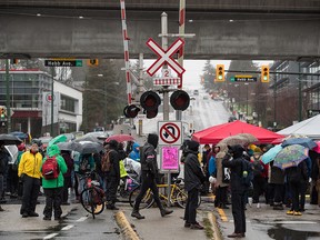 Protesters blockade CN Rail tracks in Vancouver on Feb. 15, 2020. The protest was in solidarity with Wet'suwet'en hereditary chiefs opposed to the Coastal GasLink pipeline.