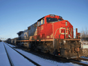 A CN Rail freight train is unable to move while members of the Tyendinaga Mohawk Territory block train tracks nearby in Tyendinaga, Ont.