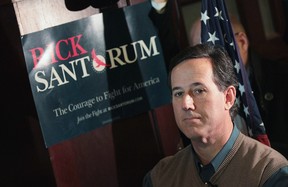 Rick Santorum waits to be introduced during a campaign rally in Perry, Iowa, on Jan. 2, 2012, during his unsuccessful campaign to become the Republican presidential candidate for the 2012 election.