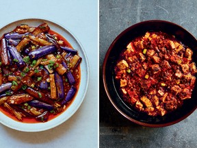 Fish-fragrant eggplants, left, and mapo tofu