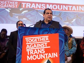 Tsleil-Waututh Nation Sundance Chief Rueben George along with other Indigenous leaders comment on the Trans Mountain pipeline decision by the Federal Court of Appeal in Vancouver, Feb. 4, 2020.