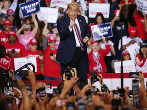 US President Donald Trump points to the crowd at a campaign rally at Las Vegas Convention Center on February 21, 2020 in Las Vegas, Nevada.
