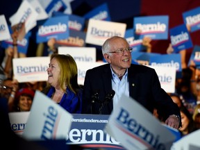 U.S. Democratic presidential candidate Senator Bernie Sanders celebrates with his wife Jane after being declared the winner of the Nevada Caucus while holding a campaign rally in San Antonio, Texas, U.S., February 22, 2020.