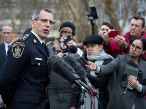 Abbotsford Police Chief Mike Serr speaks to reporters outside B.C. Supreme Court after Oscar Arfmann was sentenced for the first-degree murder of Cnst. John Davidson, in New Westminster, B.C., on Monday February 3, 2020. The man who killed Davidson in November 2017 was sentenced to life in prison with no parole eligibility until 2042.