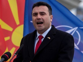 Macedonian Prime Minister Zoran Zaev delivers a speech, during the official ceremony in Skopje of raising the NATO flag in front of the Government of Macedonia in Skopje on February 12, 2019.