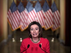 U.S. Speaker of the House Rep. Nancy Pelosi (D-CA) delivers a statement at the hallway of the Speakers Balcony at the U.S. Capitol March 23, 2020 in Washington, DC.