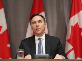 Canada's Finance Minister Bill Morneau speaks during a news conference on Parliament Hill March 18, 2020 in Ottawa, Ontario.
