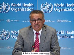 WHO Director General Tedros Adhanom delivers a news briefing on COVID-19 from the WHO headquarters in Geneva on March 30.
