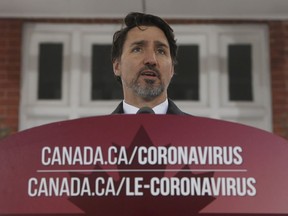 Prime Minister Justin Trudeau speaks to the media about the COVID-19 pandemic during a news conference outside Rideau cottage in Ottawa, Friday, March 20, 2020.
