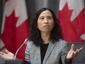Chief Public Health Officer Theresa Tam gestures as she reponds to a question during a news conference on the COVID-19 virus in Ottawa, Monday March 23, 2020.