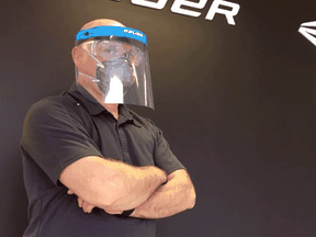 Bauer's Thierry Krick wears a new face shield, designed to keep frontline medical workers safe.