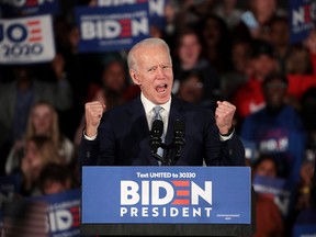 Democratic presidential candidate former vice-president Joe Biden speaks at a primary night event at the University of South Carolina on Feb. 29, 2020, in Columbia, S.C.