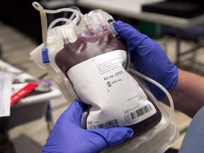 A bag of blood is shown at a clinic in Montreal on November 29, 2012. Canadian Blood Services is seeking to reassure donors that it's safe to give blood, despite the COVID-19 pandemic. Dr. Isra Levy of Canadian Blood Services says there has been a jump in appointment cancellations across the country.