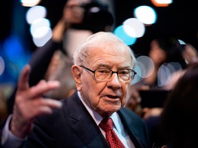 Warren Buffett, CEO of Berkshire Hathaway, speaks to the press as he arrives at the 2019 annual shareholders meeting in Omaha, Neb., on May 4, 2019.