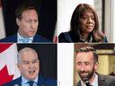 Top row, Conservative Party leadership candidates Peter MacKay and Leslyn Lewis have not asked for a delay in the race, while candidates Erin O’Toole and Derek Sloan, bottom row, want it stopped during the COVID-19 crisis.