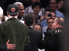 Former New York Knicks player Charles Oakley exchanges words with a Madison Square Garden security guard during a Knicks game on Feb. 8, 2017. Oakley ended up being handcuffed and arrested.