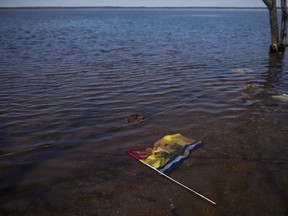 A New Brunswick flag floats in floodwater from the Saint John River in Waterborough, N.B., on May 13, 2018. As Canadian communities brace for the heightened risks of spring flooding due to climate change, a non-profit group has published findings on how preserving wetlands and forests are key to reducing adaptation costs. The Municipal Natural Assets Initiative released its second set of findings recently on how forests, creeks, wetlands, ponds and other natural features help avoid costly infrastructure projects.