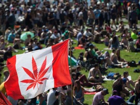 A marijuana flag flaps in the wind above the crowd at the annual 4/20 cannabis culture celebration at Sunset Beach in Vancouver, B.C., on Wednesday April 20, 2016. All events, either civic-run or privately organized are being cancelled in Surrey and Vancouver if they will attract more than 250 people. The cancellations follow a recommendation from B.C.'s provincial health officer.