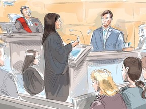 Defence lawyer Lydia Riva questions Kalen Schlatter as Justice Michael Dambrot looks on in a Toronto courtroom on Monday, March 9, 2020. Schlatter, a Toronto man accused of sexually assaulting and strangling a young woman, says she was alive when he left her following a consensual sexual encounter.