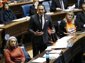 Manitoba opposition leader Wab Kinew speaks after the reading of the Speech from the Throne at the Manitoba Legislature in Winnipeg, Monday, September 30, 2019. Manitoba New Democrats are postponing their annual convention because of the novel coronavirus.