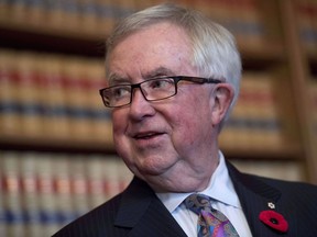 Former Prime Minister Joe Clark is seen during a photo op in Ottawa on November 6, 2017. Former prime minister and foreign minister Joe Clark is off to the Persian Gulf and Africa to campaign for Canada's bid for the United Nations Security Council. But one leading analyst ways says Canada's feminist foreign policy may not be too popular in some of Clark's travel destinations.