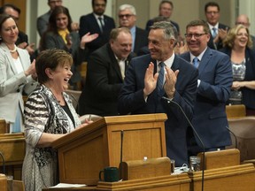 Finance Minister Donna Harpauer delivers her budget speech at Legislative Building in Regina on March 20, 2019. The Saskatchewan goverment says it's not going to release its full budget Wednesday amid the current economic uncertainty and COVID-19 pandemic. It says they will only unveil the government's spending plans for the upcoming year, but not revenue forecasts. Minister of Finance Donna Harpauer says the revenue forecasts in the budget are no longer accurate.