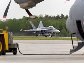 An RCAF CF-18 prepares for takeoff at CFB Bagotville, Que. on June 7, 2018.