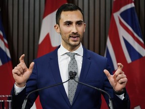 Ontario Education Minister Stephen Lecce speaks at a press conference at Queen's Park in Toronto on Tuesday, March 3, 2020. Lecce says the government has reached a tentative contract with the Elementary Teachers' Federation of Ontario.