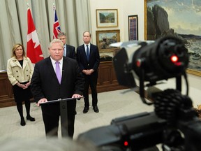 Ontario Premier Doug Ford videotapes a message to Ontario residents from his office regarding the province's efforts to manage the coronavirus on Friday March 13, 2020. Ontario's total COVID-19 cases surged to 79 on Friday as the province's top health official recommended the immediate suspension of large public gatherings and most major universities cancelled in-person classes.