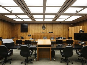 A courtroom at the Edmonton Law Courts building, in Edmonton on Friday, June 28, 2019. The effect of the coronavirus pandemic will have a lasting impact on the Canadian justice system warn a number of legal experts. The Alberta Court of Queen's Bench announced Sunday it would adjourn all scheduled trials across the province for at least 10-weeks limiting hearings to only emergency or urgent matters.