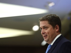 Conservative Leader Andrew Scheer delivers remarks to caucus colleagues during the Conservative caucus retreat on Parliament Hill in Ottawa, on Friday, Jan. 24, 2020.