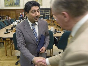 Afghan ambassador Omar Samad is greeted upon his arrival at the Commons special committee on Afghanistan, on Parliament Hill in Ottawa, Wednesday May 7, 2008.