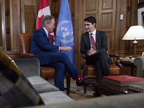 Prime Minister Justin Trudeau meets with Executive Director of the United Nations World Food Programme David Beasley on Parliament Hill in Ottawa, Tuesday December 11, 2018. These days, no roads lead to Rome for David Beasley. The executive director of the United Nations World Food Program made that abundantly clear on trip to Ottawa this week, where he was trying to raise money, testify before Parliament, cut the ribbon on a new branch office, and generally thank Canadians for helping his agency feed the tens of millions of starving people in countries afflicted by war and natural disaster.