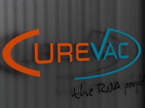 A label of the German biotech firm CureVac seen next to their headquarters on March 15, 2020 in Tubingen, Germany.